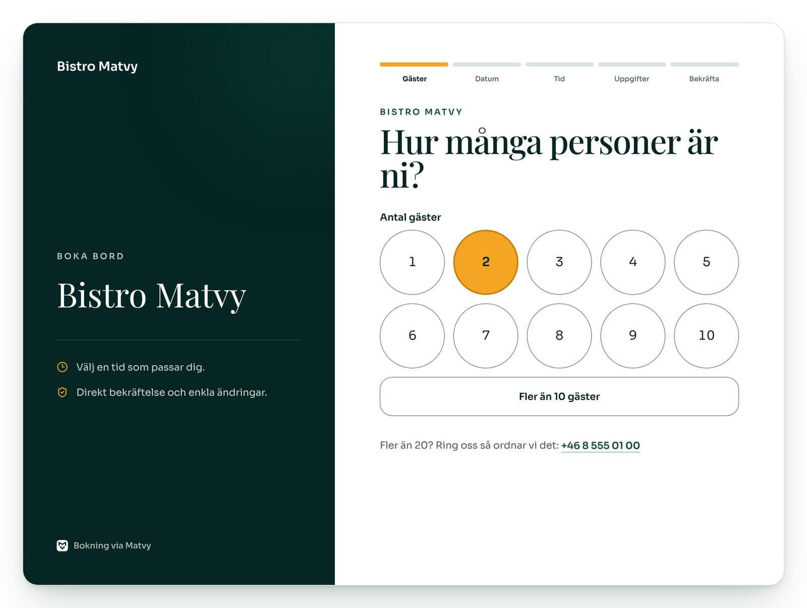 Matvys bokningssida på en dator, med restaurangens namn och stegen för bokningen
