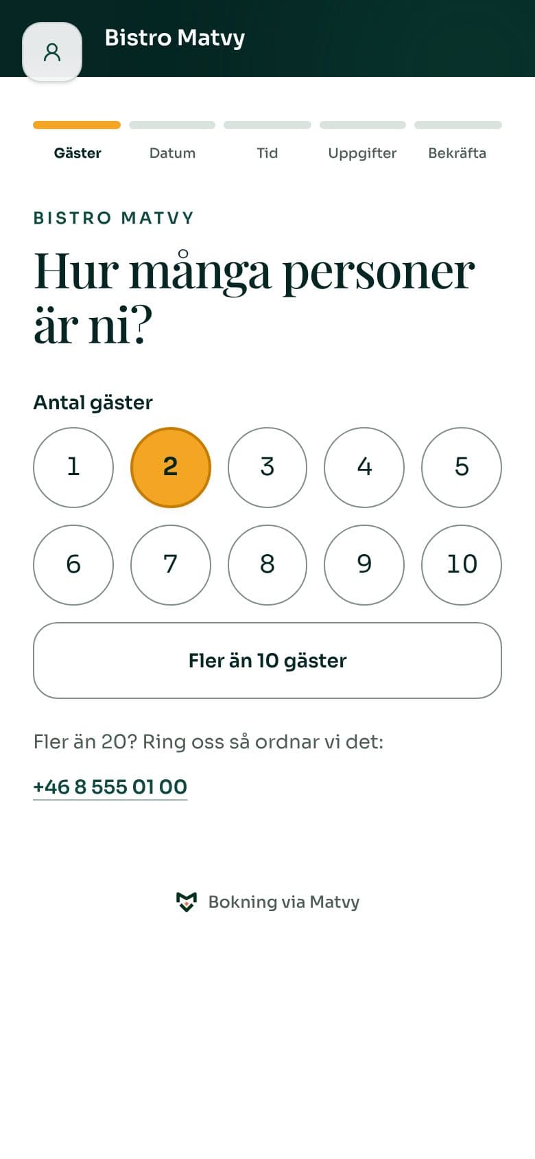 Matvys bokningssida i en mobil: gästen väljer hur många de är